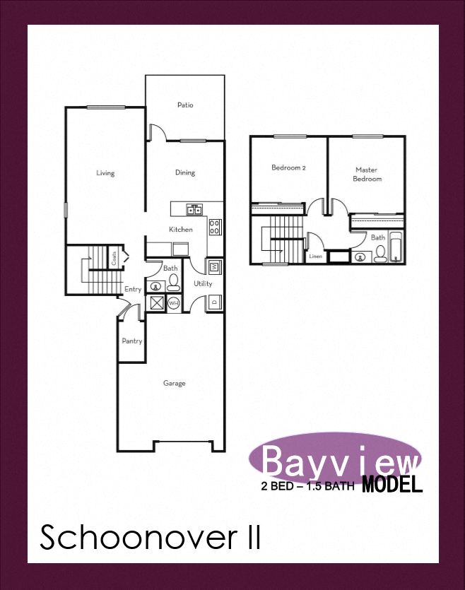 Floor plan for 2 beds, 1.5 baths, 1297 sqft